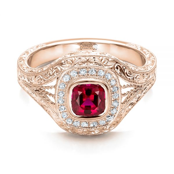 18k Rose Gold 18k Rose Gold Custom Hand Engraved Ruby And Diamond Engagement Ring - Flat View -  101226
