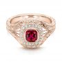 18k Rose Gold 18k Rose Gold Custom Hand Engraved Ruby And Diamond Engagement Ring - Flat View -  101226 - Thumbnail