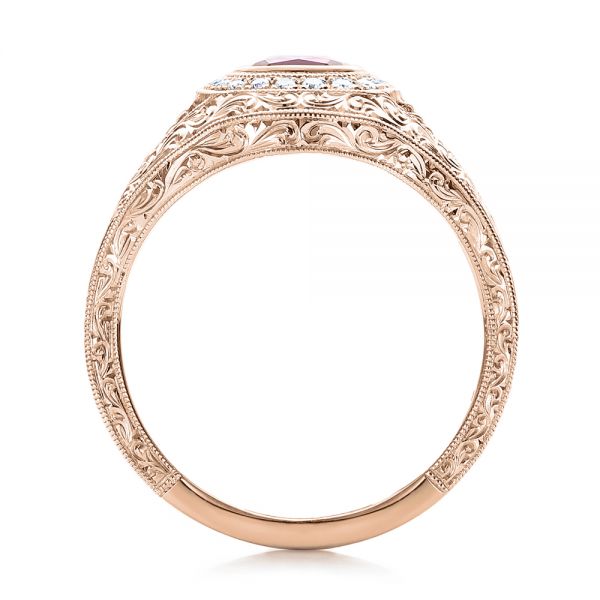 14k Rose Gold 14k Rose Gold Custom Hand Engraved Ruby And Diamond Engagement Ring - Front View -  101226