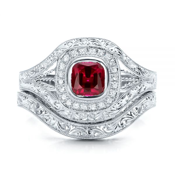 14k White Gold Custom Hand Engraved Ruby And Diamond Engagement Ring - Three-Quarter View -  101226