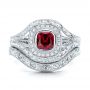 14k White Gold Custom Hand Engraved Ruby And Diamond Engagement Ring - Three-Quarter View -  101226 - Thumbnail