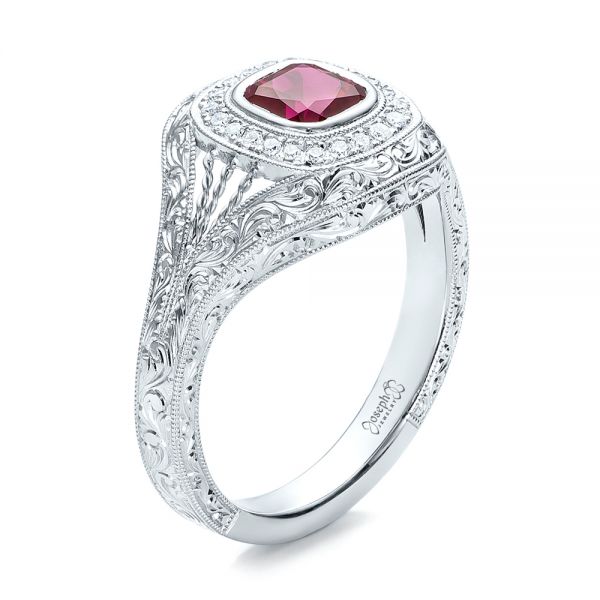 14k White Gold Custom Hand Engraved Ruby And Diamond Engagement Ring - Three-Quarter View -  101226