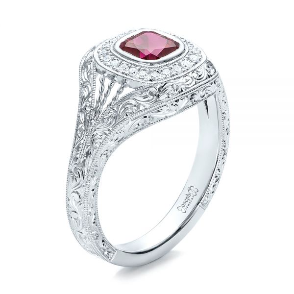  Platinum Platinum Custom Hand Engraved Ruby And Diamond Engagement Ring - Three-Quarter View -  101226