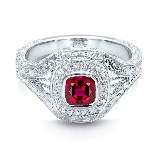  Platinum Platinum Custom Hand Engraved Ruby And Diamond Engagement Ring - Flat View -  101226