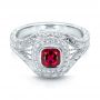 14k White Gold Custom Hand Engraved Ruby And Diamond Engagement Ring - Flat View -  101226 - Thumbnail