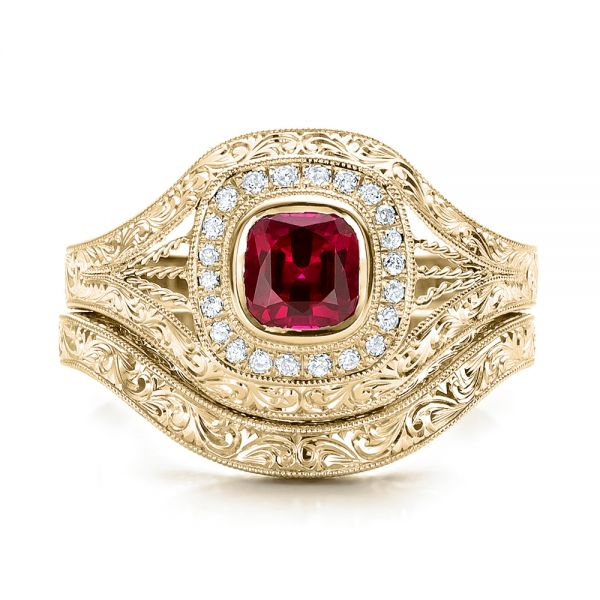 14k Yellow Gold 14k Yellow Gold Custom Hand Engraved Ruby And Diamond Engagement Ring - Three-Quarter View - 101226