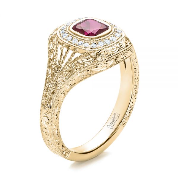 14k Yellow Gold 14k Yellow Gold Custom Hand Engraved Ruby And Diamond Engagement Ring - Three-Quarter View - 101226