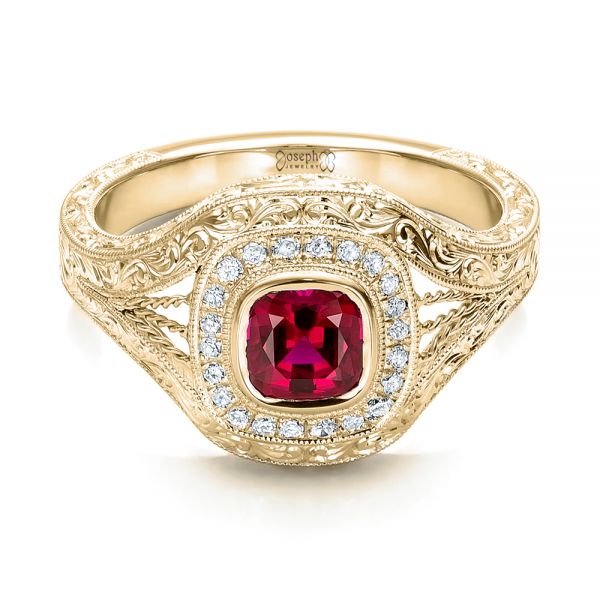 18k Yellow Gold 18k Yellow Gold Custom Hand Engraved Ruby And Diamond Engagement Ring - Flat View -  101226