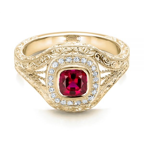 14k Yellow Gold 14k Yellow Gold Custom Hand Engraved Ruby And Diamond Engagement Ring - Flat View - 101226