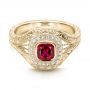 18k Yellow Gold 18k Yellow Gold Custom Hand Engraved Ruby And Diamond Engagement Ring - Flat View -  101226 - Thumbnail