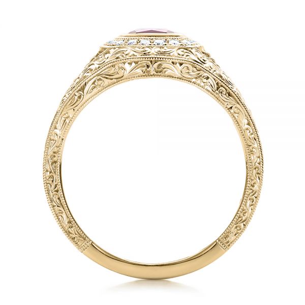 14k Yellow Gold 14k Yellow Gold Custom Hand Engraved Ruby And Diamond Engagement Ring - Front View -  101226