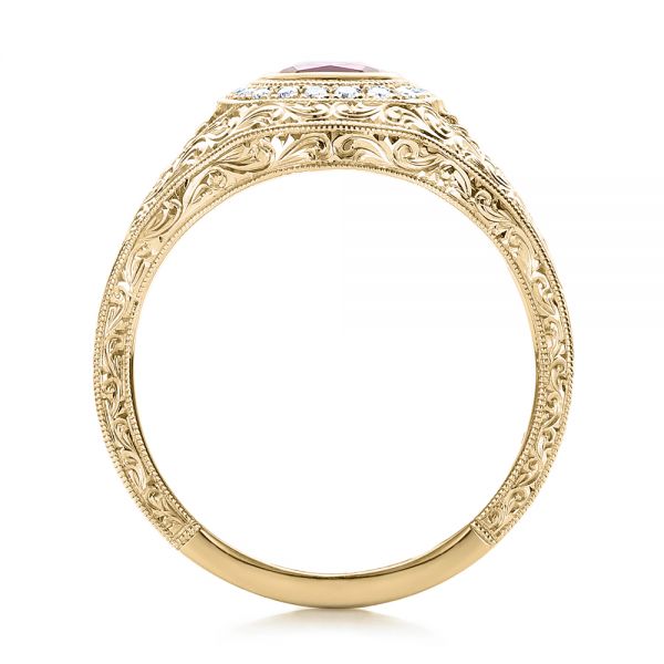 14k Yellow Gold 14k Yellow Gold Custom Hand Engraved Ruby And Diamond Engagement Ring - Front View - 101226