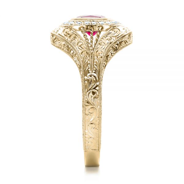 18k Yellow Gold 18k Yellow Gold Custom Hand Engraved Ruby And Diamond Engagement Ring - Side View -  101226