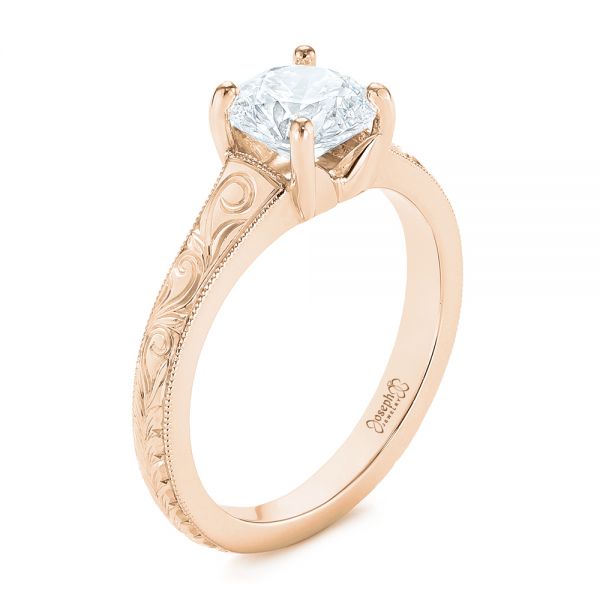 18k Rose Gold 18k Rose Gold Custom Hand Engraved Solitaire Diamond Engagement Ring - Three-Quarter View - 104085