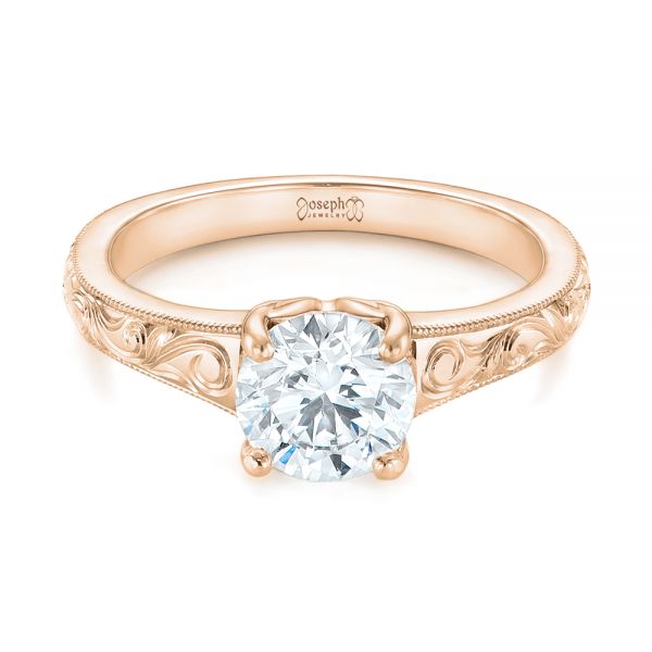 14k Rose Gold 14k Rose Gold Custom Hand Engraved Solitaire Diamond Engagement Ring - Flat View -  104085