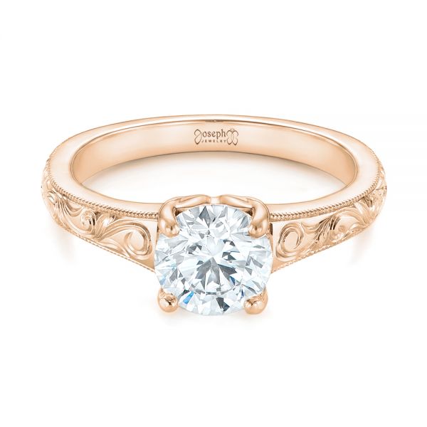 18k Rose Gold 18k Rose Gold Custom Hand Engraved Solitaire Diamond Engagement Ring - Flat View - 104085