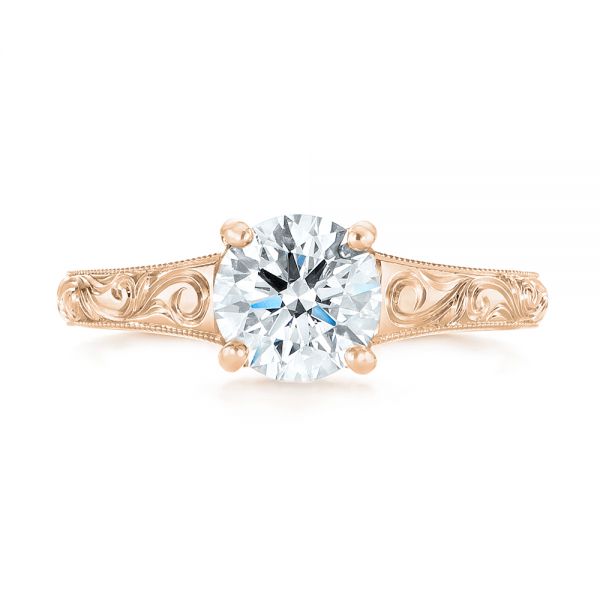 18k Rose Gold 18k Rose Gold Custom Hand Engraved Solitaire Diamond Engagement Ring - Top View - 104085