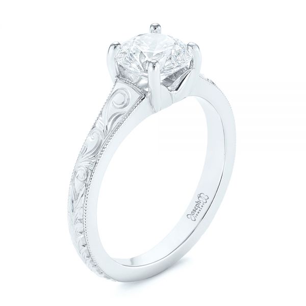 14k White Gold 14k White Gold Custom Hand Engraved Solitaire Diamond Engagement Ring - Three-Quarter View -  104085