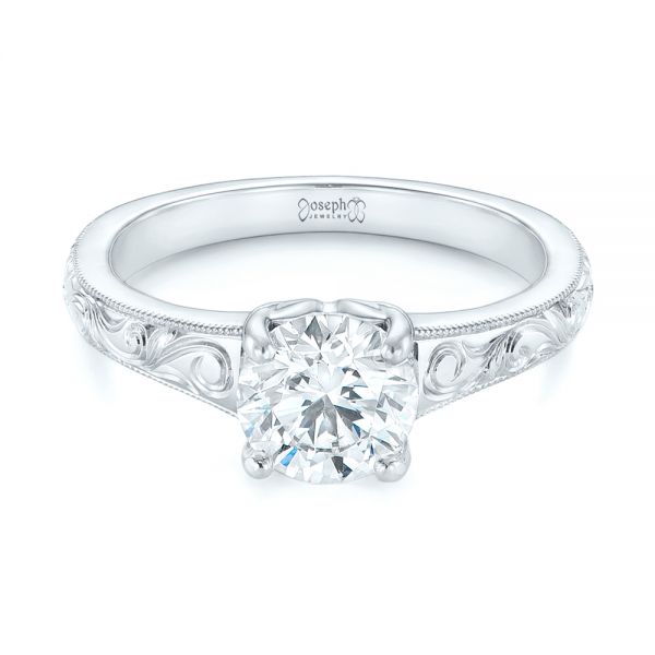 18k White Gold 18k White Gold Custom Hand Engraved Solitaire Diamond Engagement Ring - Flat View -  104085