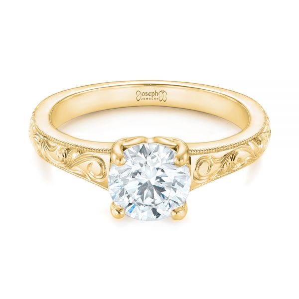 18k Yellow Gold 18k Yellow Gold Custom Hand Engraved Solitaire Diamond Engagement Ring - Flat View -  104085