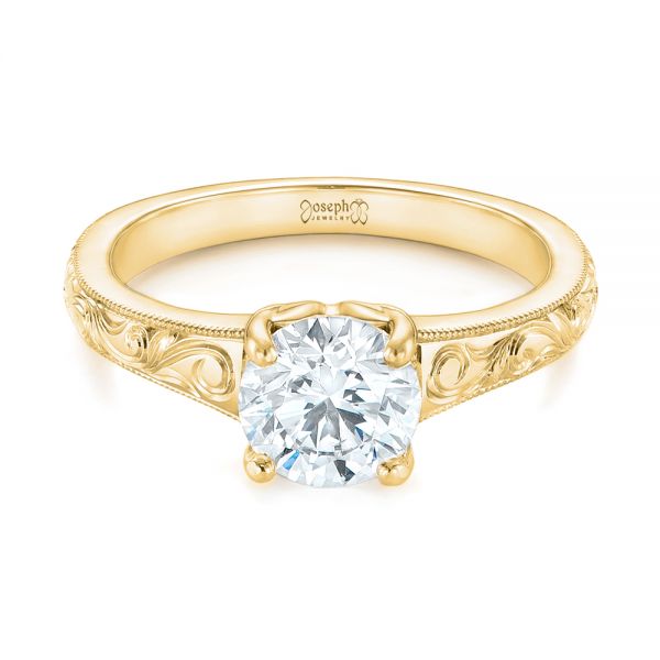 14k Yellow Gold 14k Yellow Gold Custom Hand Engraved Solitaire Diamond Engagement Ring - Flat View -  104085