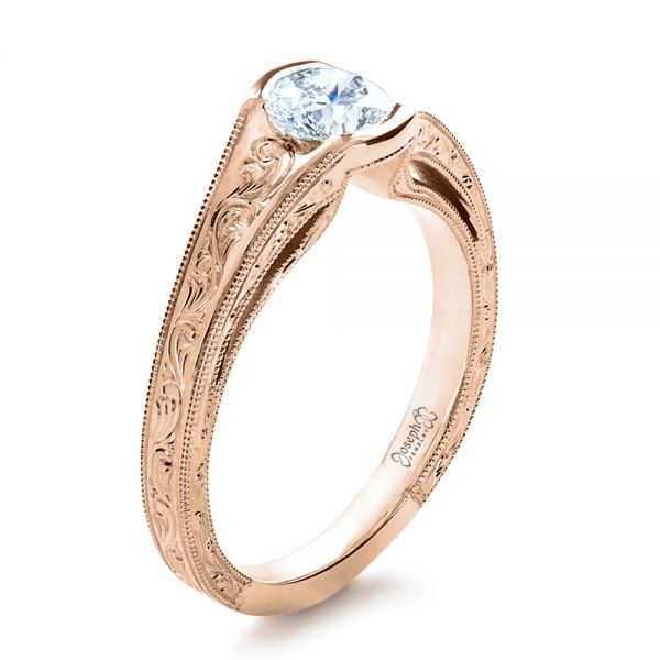18k Rose Gold 18k Rose Gold Custom Hand Engraved Solitaire Engagement Ring - Three-Quarter View -  1186
