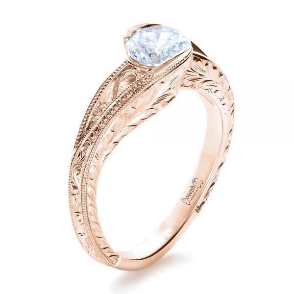 18k Rose Gold 18k Rose Gold Custom Hand Engraved Solitaire Engagement Ring - Three-Quarter View -  1312