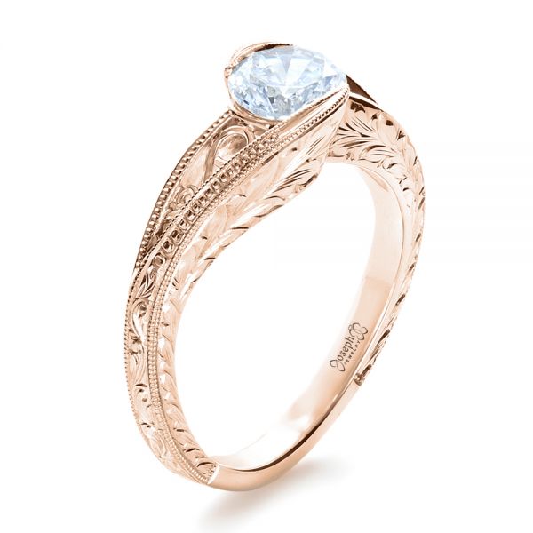 14k Rose Gold 14k Rose Gold Custom Hand Engraved Solitaire Engagement Ring - Three-Quarter View - 1312