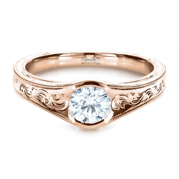 18k Rose Gold 18k Rose Gold Custom Hand Engraved Solitaire Engagement Ring - Flat View -  1186