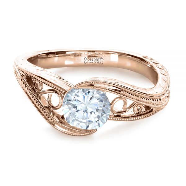 18k Rose Gold 18k Rose Gold Custom Hand Engraved Solitaire Engagement Ring - Flat View -  1312