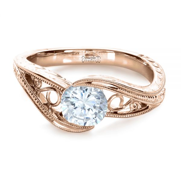 14k Rose Gold 14k Rose Gold Custom Hand Engraved Solitaire Engagement Ring - Flat View - 1312