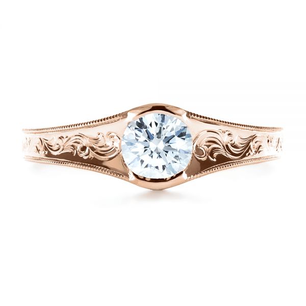 14k Rose Gold 14k Rose Gold Custom Hand Engraved Solitaire Engagement Ring - Top View -  1186