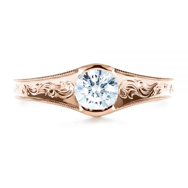 18k Rose Gold 18k Rose Gold Custom Hand Engraved Solitaire Engagement Ring - Top View - 1186
