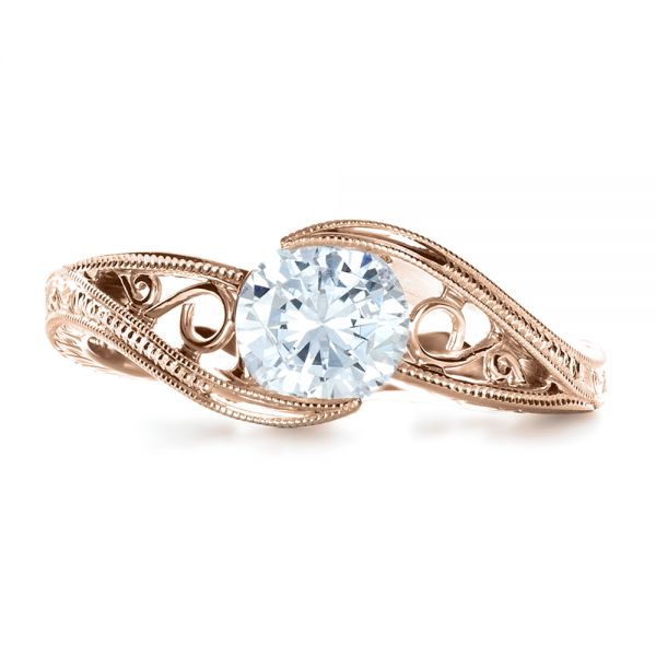 14k Rose Gold 14k Rose Gold Custom Hand Engraved Solitaire Engagement Ring - Top View - 1312