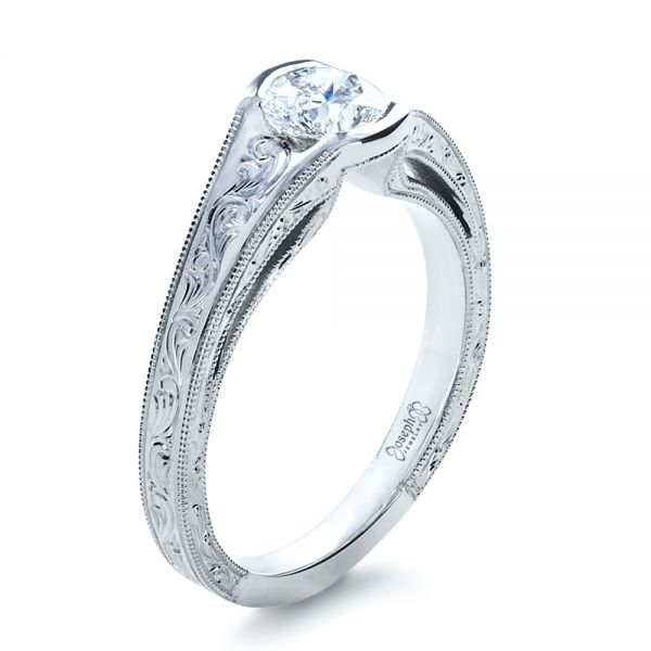  Platinum Custom Hand Engraved Solitaire Engagement Ring - Three-Quarter View -  1186