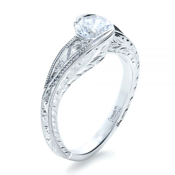 18k White Gold Custom Hand Engraved Solitaire Engagement Ring - Three-Quarter View - 1312