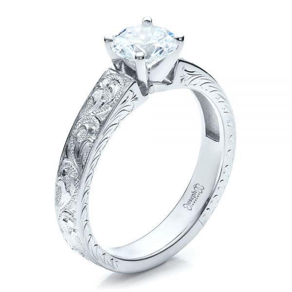 18k White Gold Custom Hand Engraved Solitaire Engagement Ring - Three-Quarter View -  1485