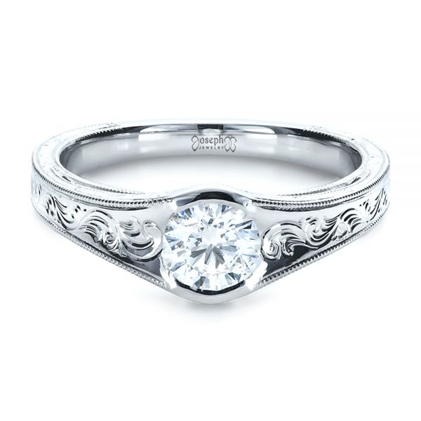14k White Gold 14k White Gold Custom Hand Engraved Solitaire Engagement Ring - Flat View -  1186