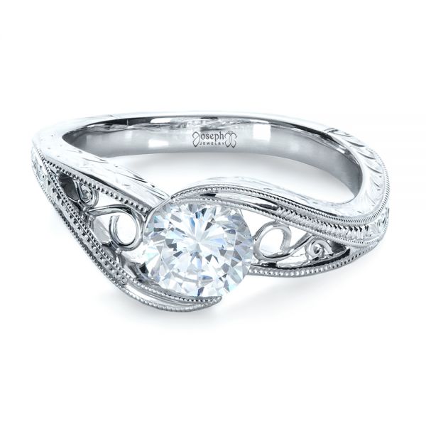 14k White Gold 14k White Gold Custom Hand Engraved Solitaire Engagement Ring - Flat View -  1312