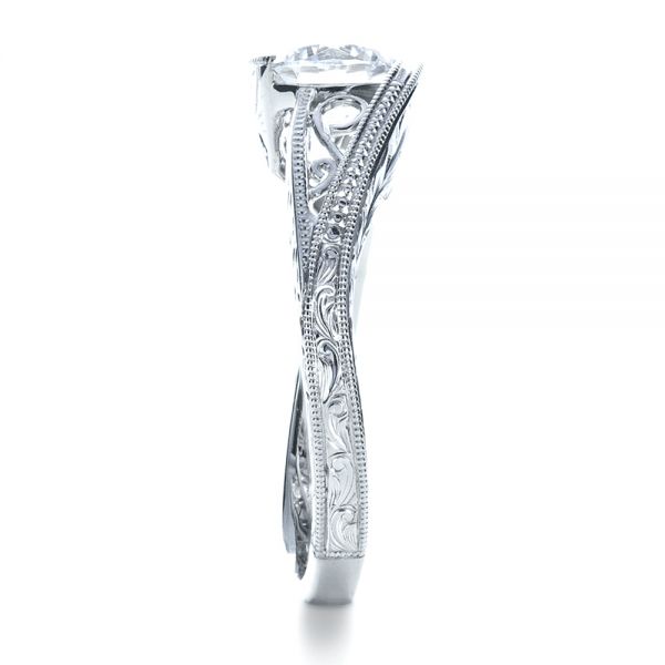 18k White Gold Custom Hand Engraved Solitaire Engagement Ring - Side View - 1312