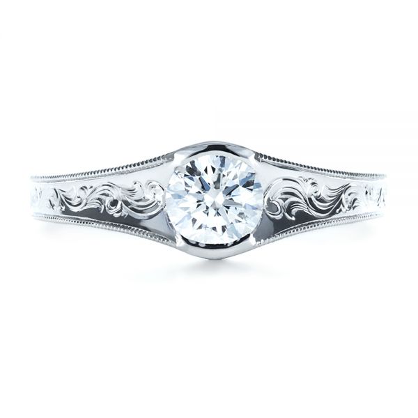 18k White Gold 18k White Gold Custom Hand Engraved Solitaire Engagement Ring - Top View -  1186