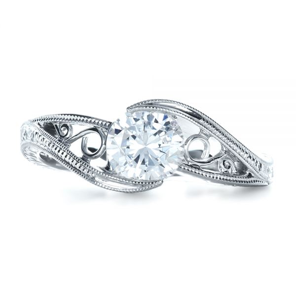 18k White Gold Custom Hand Engraved Solitaire Engagement Ring - Top View - 1312