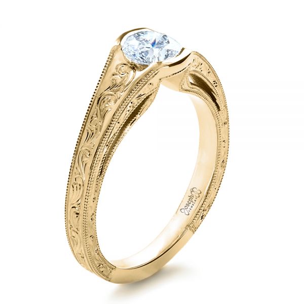 14k Yellow Gold 14k Yellow Gold Custom Hand Engraved Solitaire Engagement Ring - Three-Quarter View -  1186