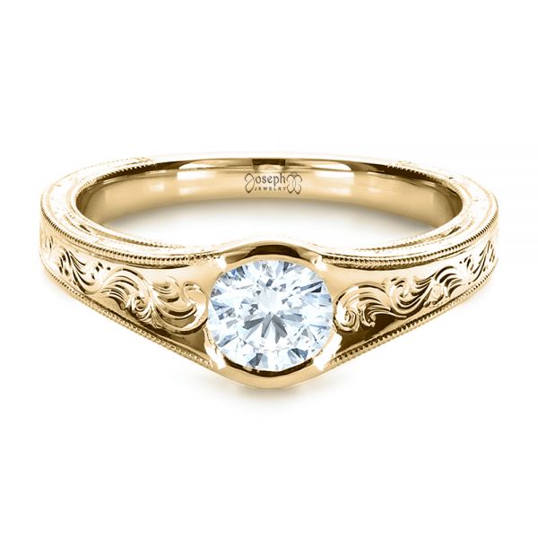 18k Yellow Gold 18k Yellow Gold Custom Hand Engraved Solitaire Engagement Ring - Flat View -  1186