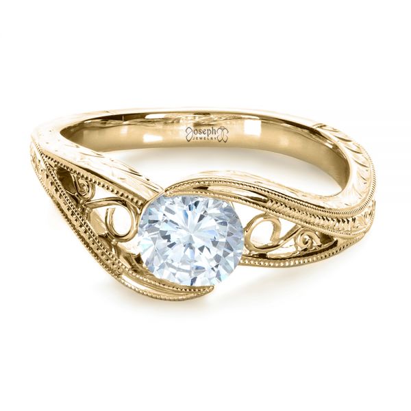 14k Yellow Gold 14k Yellow Gold Custom Hand Engraved Solitaire Engagement Ring - Flat View - 1312