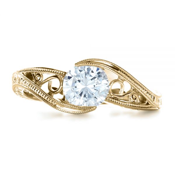 14k Yellow Gold 14k Yellow Gold Custom Hand Engraved Solitaire Engagement Ring - Top View - 1312