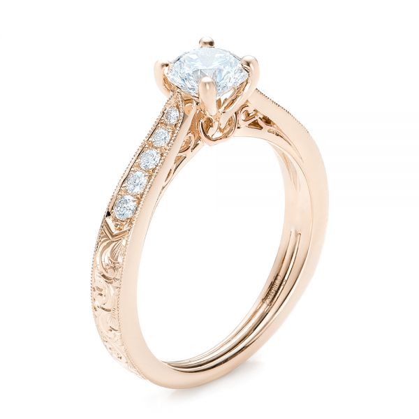 14k Rose Gold And 18K Gold 14k Rose Gold And 18K Gold Custom Hand Engraved Diamond Engagement Ring - Three-Quarter View -  101422
