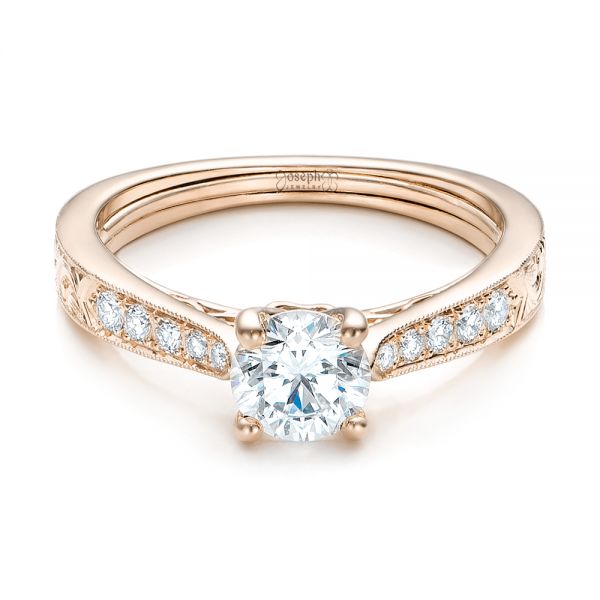 14k Rose Gold And Platinum 14k Rose Gold And Platinum Custom Hand Engraved Diamond Engagement Ring - Flat View -  101422