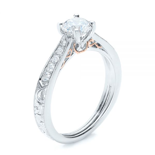  Platinum And 14K Gold Platinum And 14K Gold Custom Hand Engraved Diamond Engagement Ring - Three-Quarter View -  101422