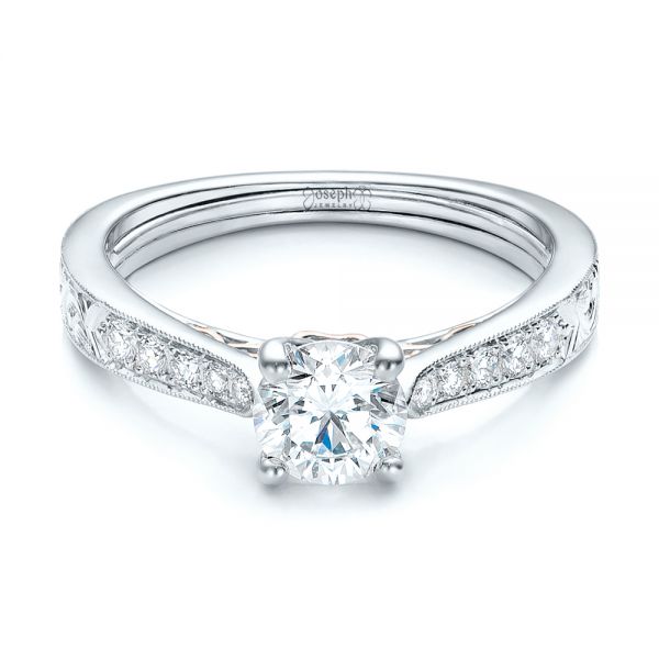 18k White Gold And Platinum 18k White Gold And Platinum Custom Hand Engraved Diamond Engagement Ring - Flat View -  101422